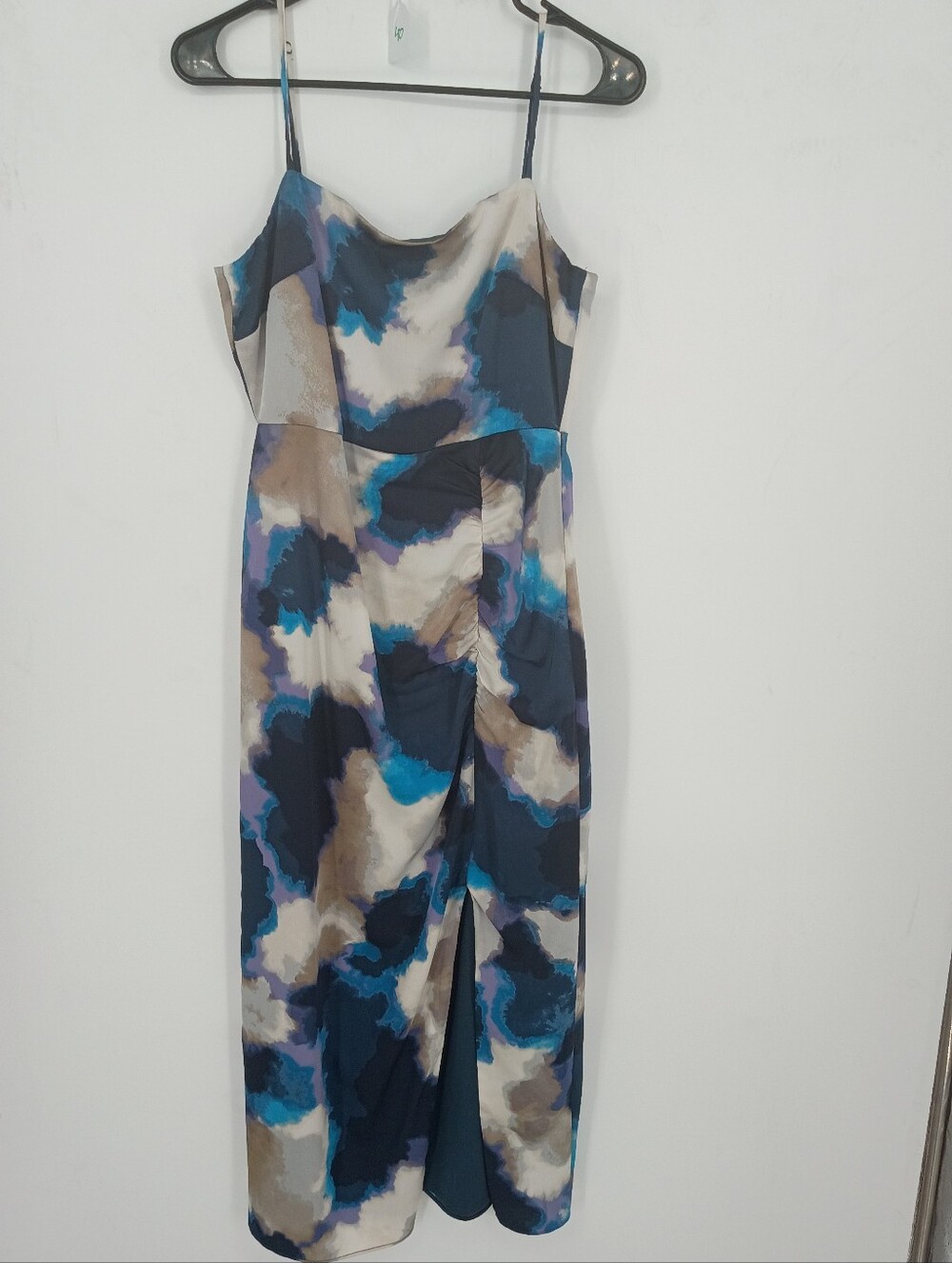 Taylor Blue Abstract Satin Sleeveless Ruched Spaghetti-Strap Midi Dress Size 4 S